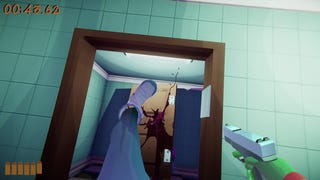 Anger Foot - From first-person view, your sneakered foot is kicking down a door while holding a cartoon-y gun. Blood splatters behind the door where an enemy has been crushed beneath it by your foot power.